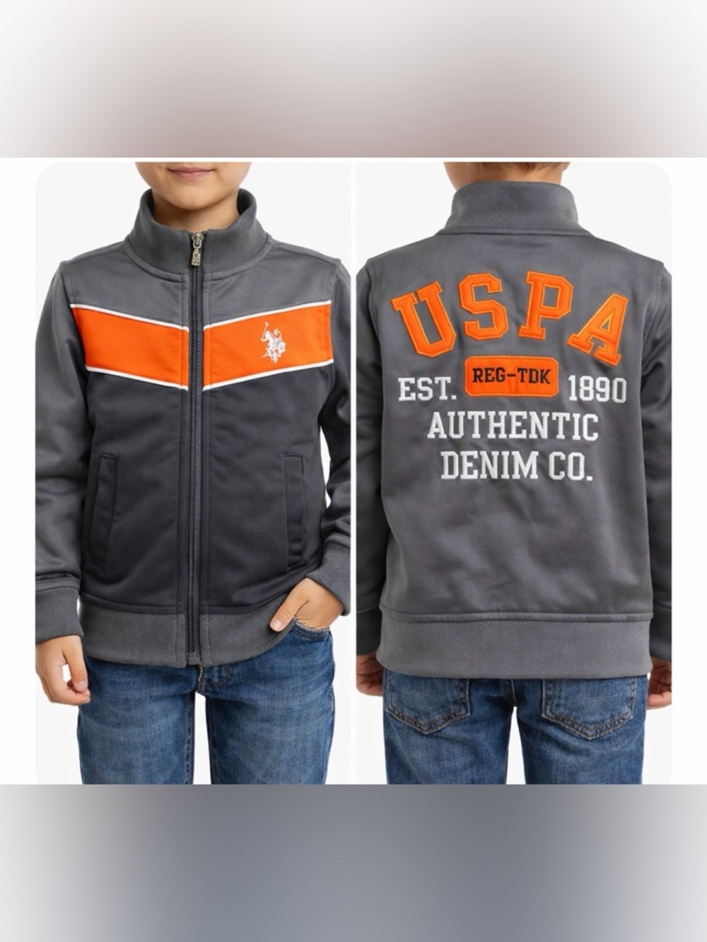 Vintage US Polo Assn Kids Track Jacket Gray Orange Y2K Spellout Size 4 Unisex